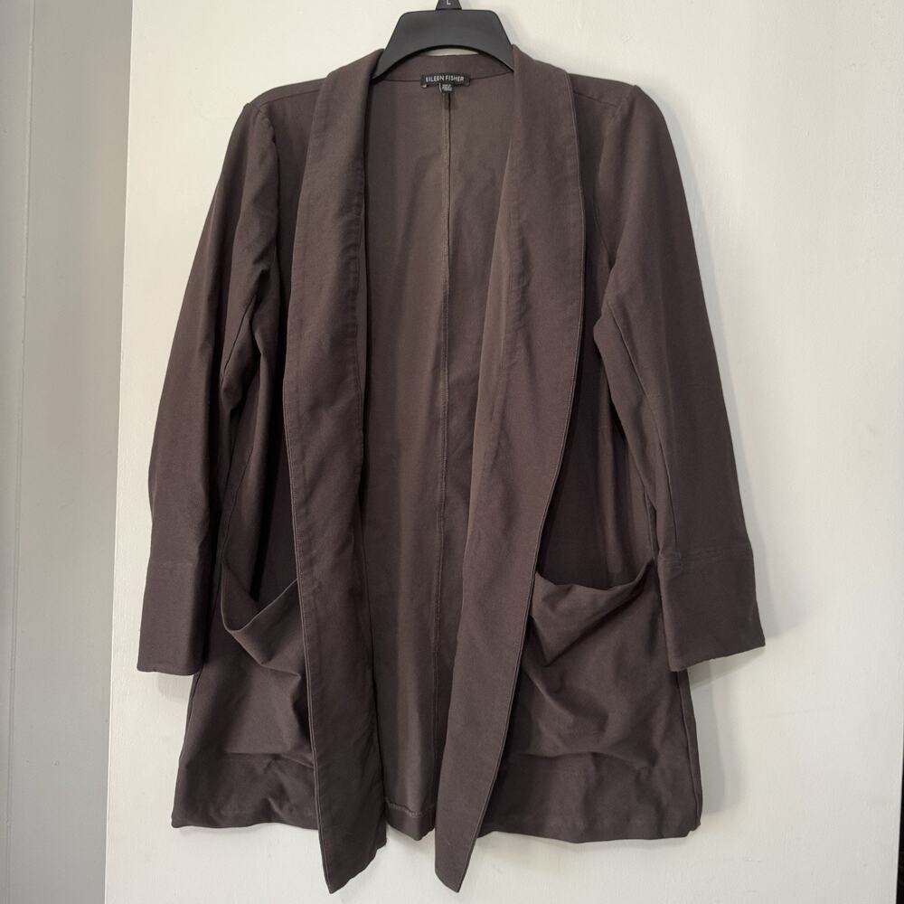 Eileen Fisher Cedar Brown Pocketed Open Drape Front Cardigan Jacket Size M
